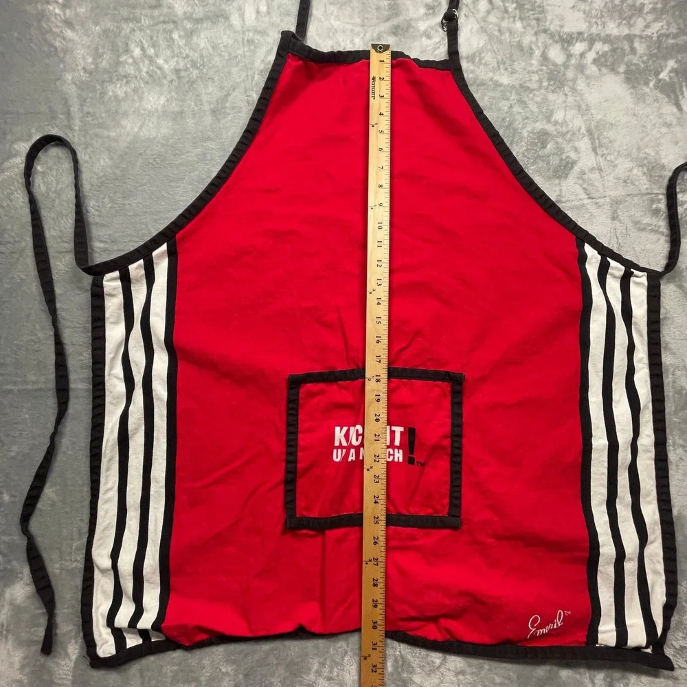 Emeril Lagasse Apron‎ Kick It Up A Notch Red Black White Stripes Pocket